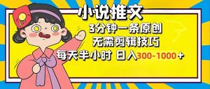 小说推文6.0,简单无脑,3分钟一个原创作品,每天半小时,日入300-1000...-rose网创