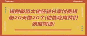 短剧搬运大佬经验分享付费短剧20天撸20个(他能吃肉我们就能喝汤)-rose网创