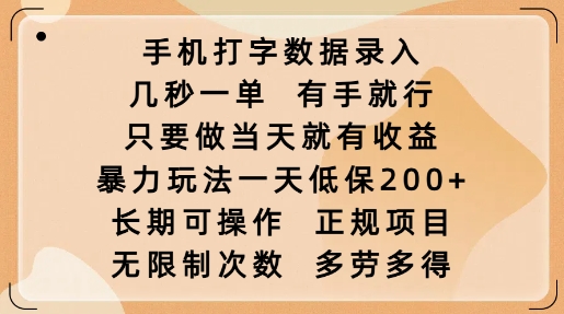 手机打字数据录入，几秒一单，有手就行，只要做当天就有收益，暴力玩法一天低保2张-rose网创