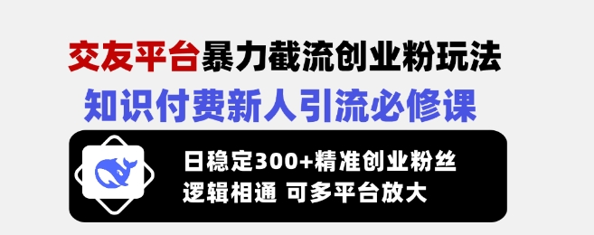 交友平台暴力截流创业粉玩法，知识付费新人引流必修课，日稳定300+精准创业粉丝，逻辑相通可多平台放大-rose网创