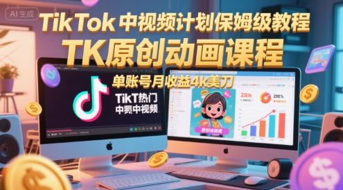 TikTok中视频计划保姆级教程,TK原创动画课程,单账号月收益4k美刀-rose网创