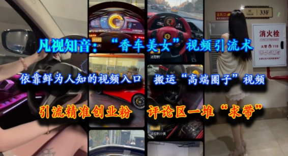 凡视知音:“香车美女”视频引流术,依靠鲜为人知的视频入口,搬运“高端圈子”视频,引流精准创业粉,评论区一堆“求带”-rose网创