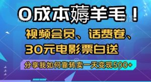 0成本薅羊毛!视频会员、话费卷、30元电影票白送，分享我如何靠转卖一天变现5张+【揭秘】-rose网创