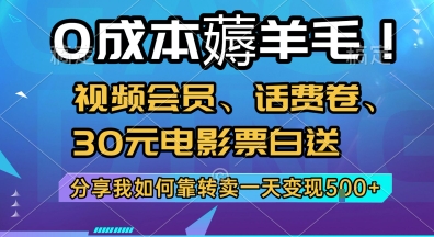 0成本薅羊毛!视频会员、话费卷、30元电影票白送,分享我如何靠转卖一天变现5张+【揭秘】-rose网创