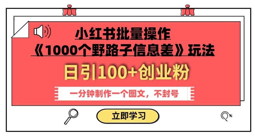 小红书批量操作《1000个野路子信息差》玩法，一分钟制作一个图文，不封号，日引100+创业粉-rose网创