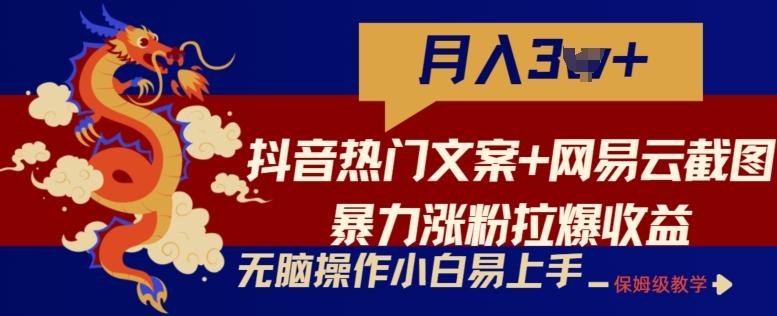 抖音热门文案+网易云截图暴力涨粉拉爆收益玩法，小白无脑操作，简单易上手【揭秘】-rose网创